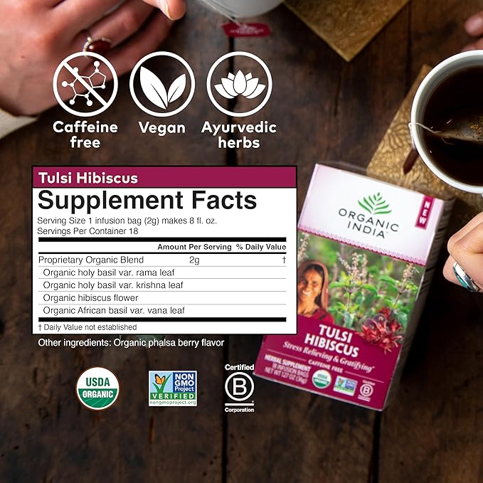 Organic India Tulsi Hibiscus Tea Bags - Holy Basil Herbal Tea, Stress Relieving, Immune Support, USDA Organic, Calming, Caffeine Free- 18 Bags, 6 Pack