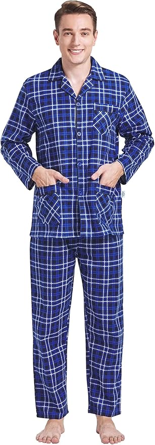 GLOBAL Men's Pajamas Sets 100% Cotton Flannel Sleepwear Long-Sleeve top & Bottom