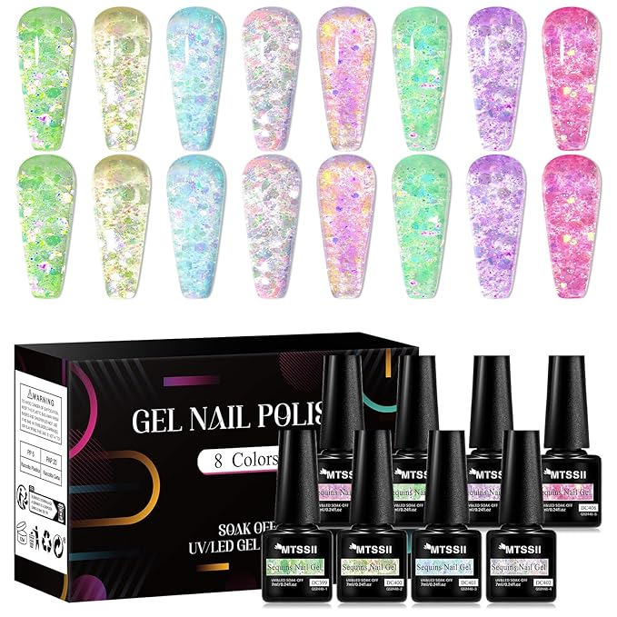 MTSSII Jelly Glitter Gel Nail Polish Set 8 Pcs Transparent Glass Flowinglight Gel Polish Sheer Shiny Sequins Pink Blue Green Purple Gel Nail Kit for Nail Art DIY Manicure at Home