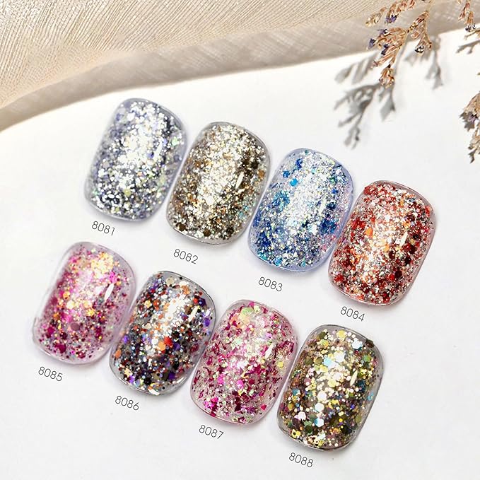 CANNI 8 Pcs 9 ML Glitter Sequins Gel Nail Polish Set, Shimmer Sparkly Shiny Pink Yellow Purple Blue Colors Polish Kit Soak Off Led Nail Art Gel Manicure Salon DIY Gifts
