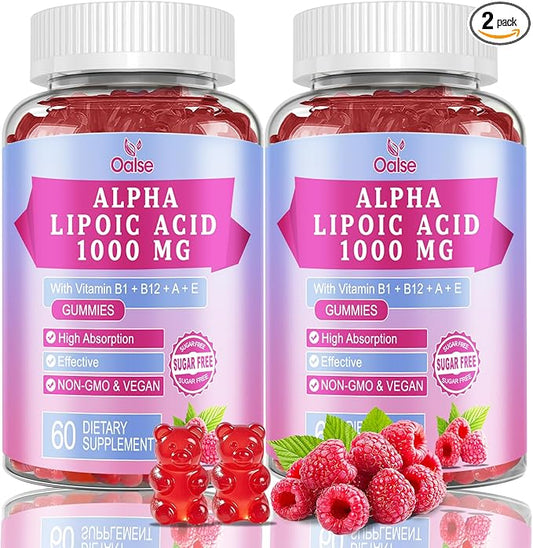 (2 Packs) Alpha Lipoic Acid Gummies 1000Mg with Vitamin B1, B12, A, E - High Absorption Sugar Free Chewable ALA Supplement for Energy Support,Raspberry Flavor, 60 Gummies