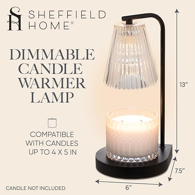 Sheffield Home Glass Candle Warmer Lamp – Elegant Candle Warmer for Long-Lasting Fragrance, Sleek Design, 13x7, Black Ribbed Glass