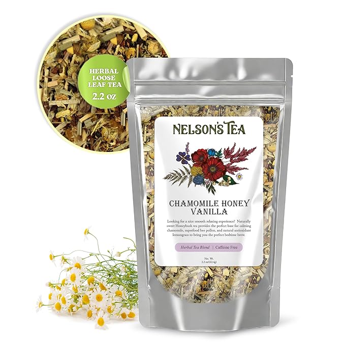 Nelson's Tea Chamomile Honey Vanilla- Caffeine-Free - Herbal Loose Leaf Tea, Curated Blend with Honeybush, Chamomile, Lemongrass, Licorice Root, Toasted Coconut, and Bee Pollen- Bedtime Brew 2.2 Oz