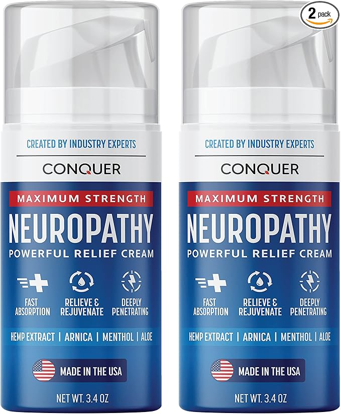 Conquer Neuropathy Cream - Powerful Relief Foot Cream for Neuropathy with Natural Arnica, Aloe Vera, Hemp Extract, Menthol - Maximum Strength Cooling & Soothing - 3.4oz Large Size (Pack of 2)