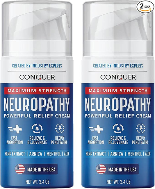 Conquer Neuropathy Cream - Powerful Relief Foot Cream for Neuropathy with Natural Arnica, Aloe Vera, Hemp Extract, Menthol - Maximum Strength Cooling & Soothing - 3.4oz Large Size (Pack of 2)