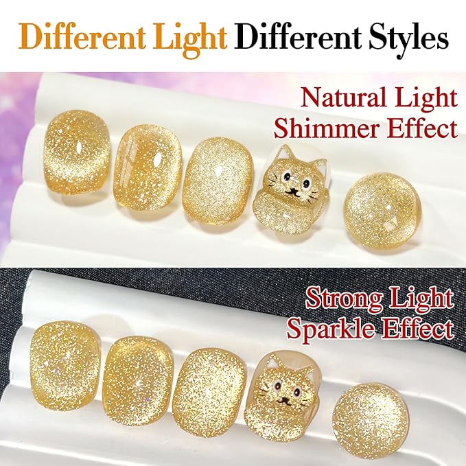Double Rhythm Cat Eye Gel Polish with Magnet 15ML Holographic Glitter Shimmer Translucent Sheer Color Glass Magnetic Gel Polish Salon DIY at Home (Light Gold-MC1064)