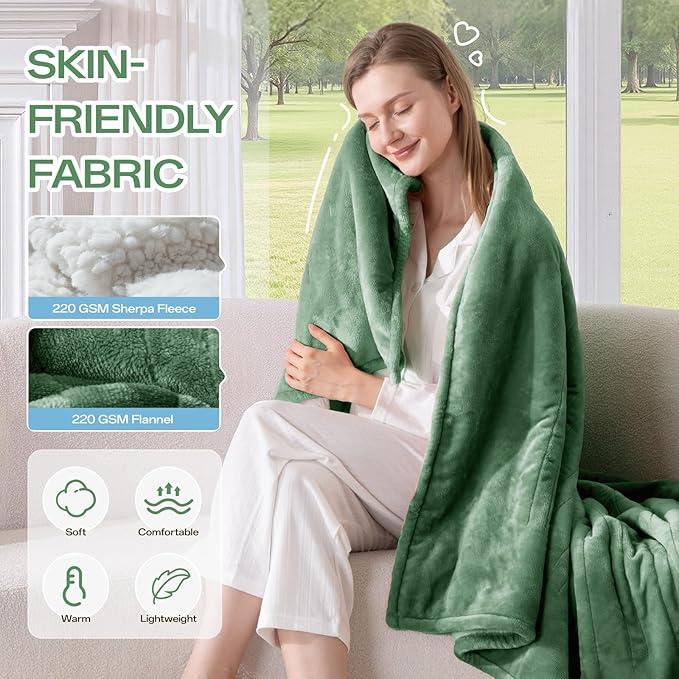 Electric Blanket Heated Throw, Flannel＆Sherpa Heated Blanket with 8 Heat Levels & 8 Hours Auto Off, Fast Heating Blankets Machine Washable with ETL Certification, 50x60 Inch, Green