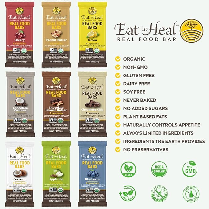 EatToHeal Cherry Real Food Bar - Organic Vegan Healthy Gluten Free Protein Bars - Low Sugar Meal Replacement Bar, Non GMO, Never Baked, Plant Based - Crafted to Enjoy, Not Sit on Shelves