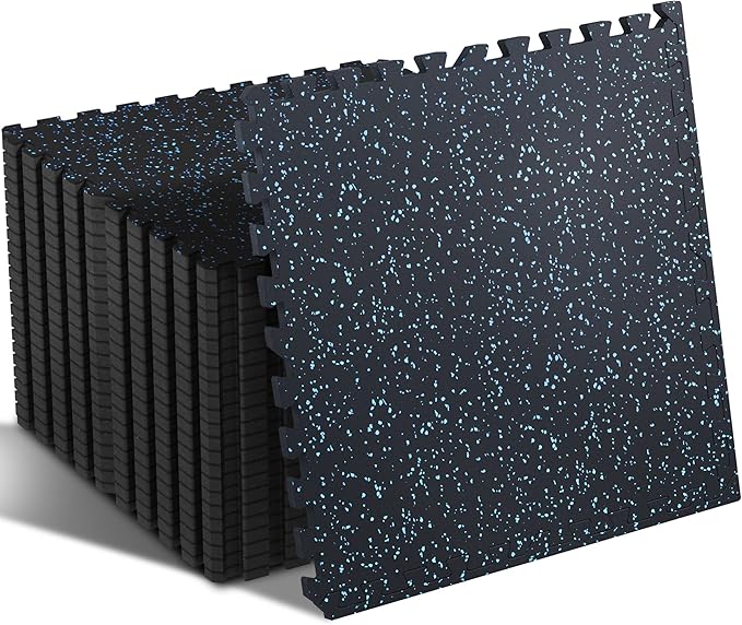 SUPERJARE 0.4'' Thick 24 Pcs 96 Sq Ft Rubber Top Exercise Equipment Mats, High Density EVA Foam Mats with Rubber Top, Interlocking Gym Flooring for Home Gym, Protective Workout Mat, Black/Blue