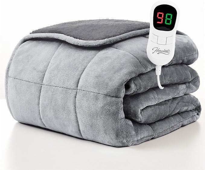 Homemate Heated Weighted Blanket for Adults - 50"x60" 12lbs Electric Throw Fast Heating Heavy Blanket 1/2/4/6/8 Hour Auto Off 10 Heat Levels Over-Heat Protection Comfortable Flannel Sherpa