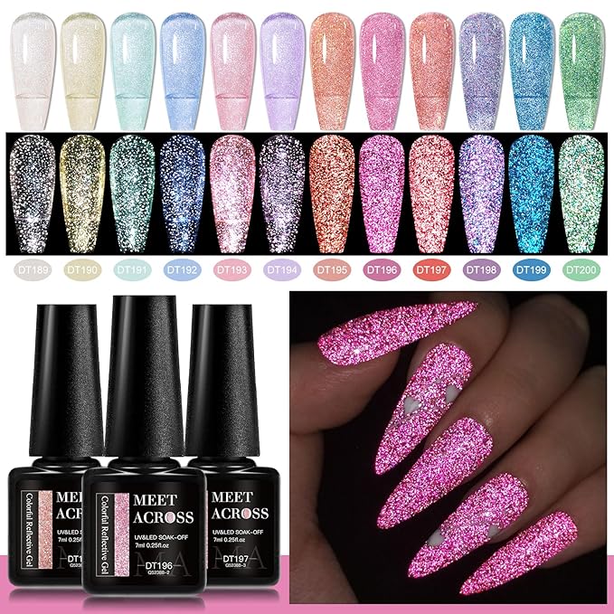MEET ACROSS Reflective Glitter Gel Polish Jelly Purple Pink Glitter Sparkly Shiny Disco DJ LED Gel Nail Polish Nail Varnish 12PCS