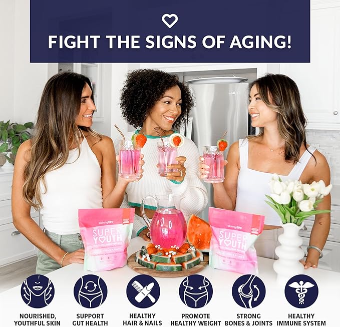 SkinnyFit - Super Youth Collagen for Women - Multi Collagen Peptides Powder - Probiotics, Fiber, Hyaluronic Acid - Non GMO, Gluten Free, Sugar Free - Beauty - Strawberry Watermelon (28 Servings)