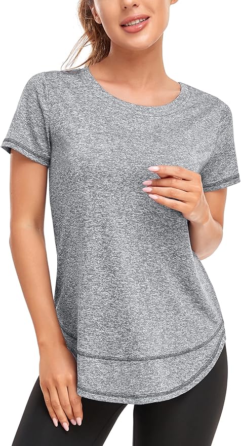 Women's Short Sleeve Workout Shirts Crewneck Sports Yoga Running Dry Fit Tops Side Split Tee