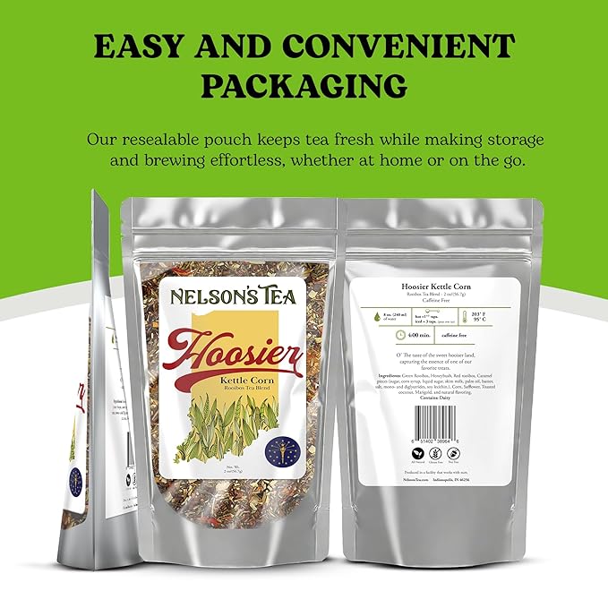 Nelson's Tea Hoosier Kettle Corn - Cut & Sifted, Caffeine Free Loose Leaf Tea with Sweet and Spicy Blend of Green Rooibos, Honeybush, Caramel, Corn, Safflower, Toasted Coconut, Marigold (2 oz)