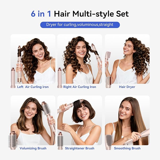 6-in-1 Hair Dryer Brush, 150,000 RPM High-Speed Hair Dryer Fast Drying,Upgraded Air Styler with Auto Wrap Curlers,Blow Dryer Brush for Straightening, Smoothing,Volumizing, No Heat Damage