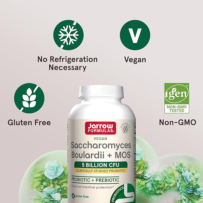 Jarrow Formulas Saccharomyces Boulardii Probiotics + MOS 5 Billion CFU Probiotic Yeast for Intestinal Health Support, Gut Health Supplements for Women and Men, 90 Veggie Caps, 90 Day Supply,Pack of 12