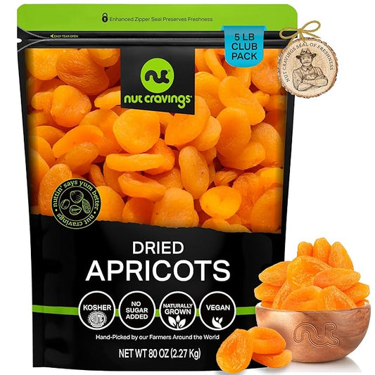 NUT CRAVINGS - Sun Dried Turkish Apricots, No Sugar Added, Unsweetened (80oz, 5 LB, Bulk) Bulk Dry Fruits Packed Fresh in Resealable Bag - Sweet Healthy Snack, Naturally Grown, Vegan, Kosher