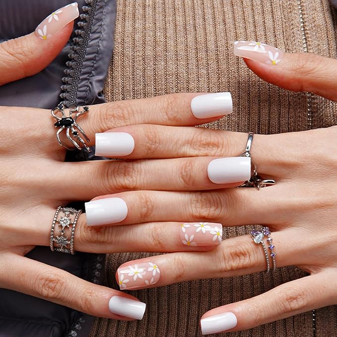GLAMERMAID White Press on Nail Medium Square, Jelly Nude Soft Gel Nails Square Fake Nail with Flowers Design, Glossy Stick Glue 0n Nail Kit for Women, Reusable Stick on Acrylic Fake Nail Manicure Set