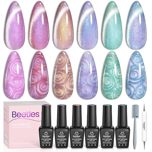 Beetles Pearl Gel Nail Polish, 6 Colors Shimmer Cat Eye Holographic Glitter Nail Polish Set with Magnet Rainbow Mermaid Swirl Shell Thread Purple Pink Blue Green Velvet Gel Manicure Gifts for Women