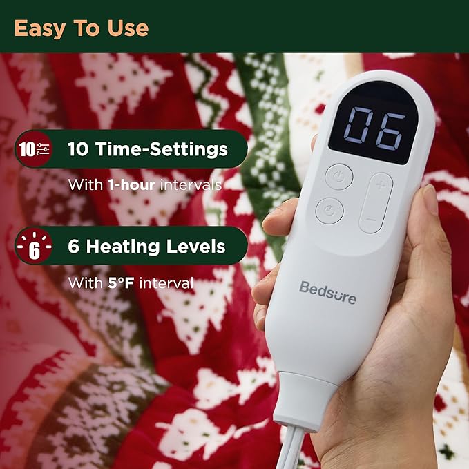 Bedsure Christmas Electric Blanket Twin - Soft Flannel Sherpa Heated Blanket with Fair Isle, Heating with 6 Heating Levels, 10 Time Settings and 8-Hour Auto-Off, Gifts for Grandma (62x84 inches)