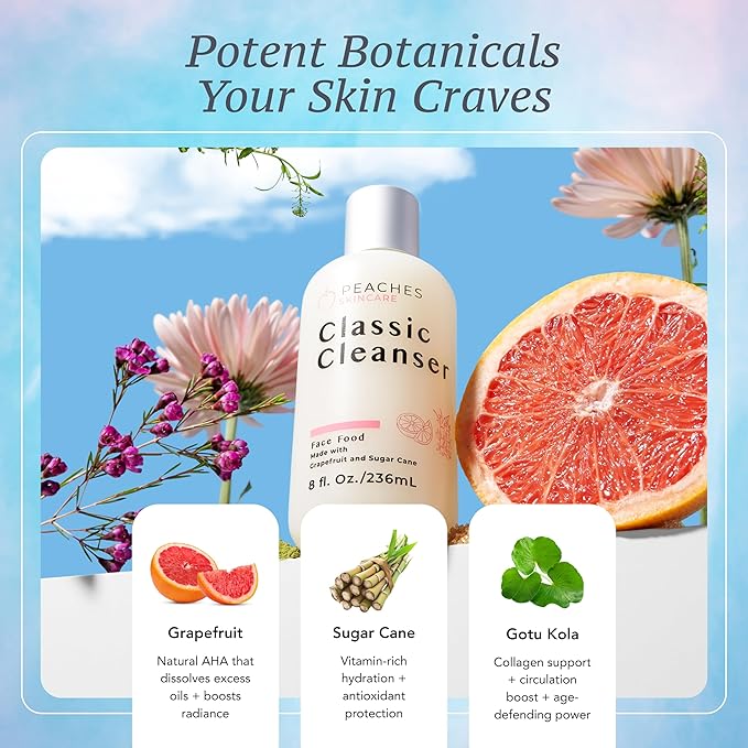 Peaches Skincare Hydrating Facial Cleanser – Vegan Face Wash with Grapefruit, Sugar Cane, and Gotu Kola – Lightly Exfoliating Daily Formula for All Skin Types – Classic Cleanser – 8 oz