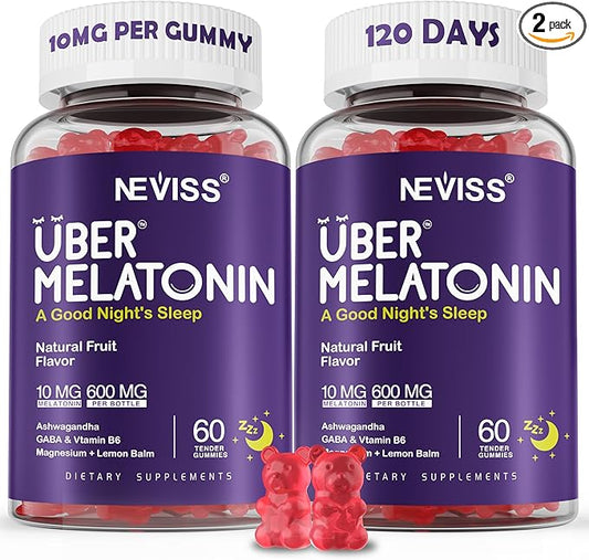 Melatonin Gummies 10mg 20mg for Adults, Melatonin 10 mg per Gummy with Ashwagandha, Magnesium Glycinate, GABA, L-theanine, Valerian Root & Lemon Balm, Rest Support Supplement, Grape Flavor, 2-Pack