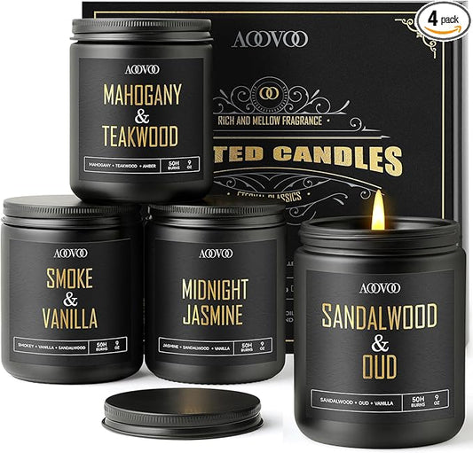 AOOVOO Scented Candles for Men - 4 Pack Candles for Home Scented, 36oz Soy Wax, 200 Hour Burn Time, Men Candle Set, Sandalwood Oud/Mahogany Teakwood/Smoke Vanilla/Jasmine Candle Set A