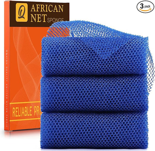 UJFQBH 3 Pieces African Bath Sponge African Net Long Net Bath Sponge Exfoliating Shower Body Scrubber Back Scrubber Skin Smoother,Great for Daily Use (Blue)