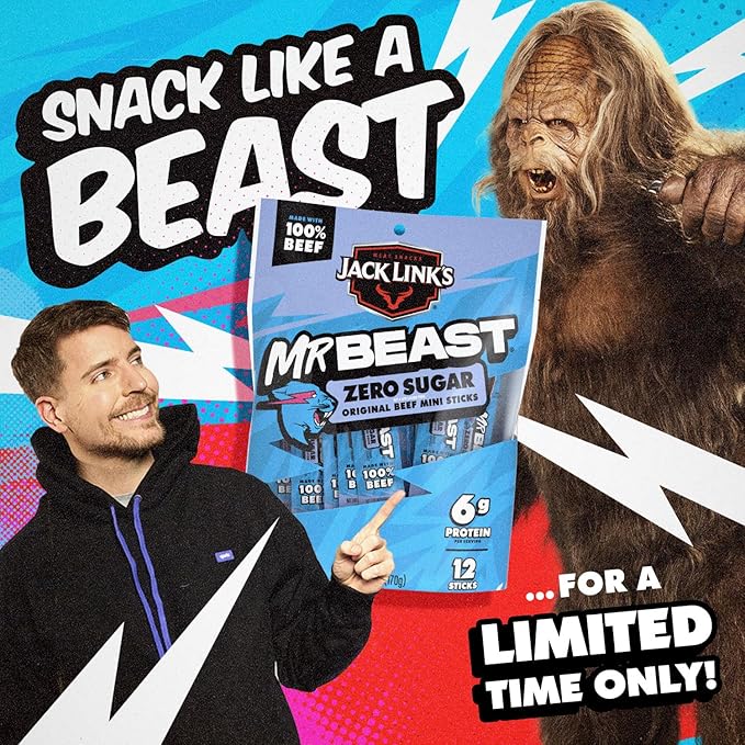 Jack Link’s x MrBeast Zero Sugar Mini Beef Sticks – 6g Protein per 2 Individually-Wrapped Meat Sticks, Made with 100% Real Beef, Perfect for School Lunches, Kids Snacks, 12 Count of .5oz Sticks