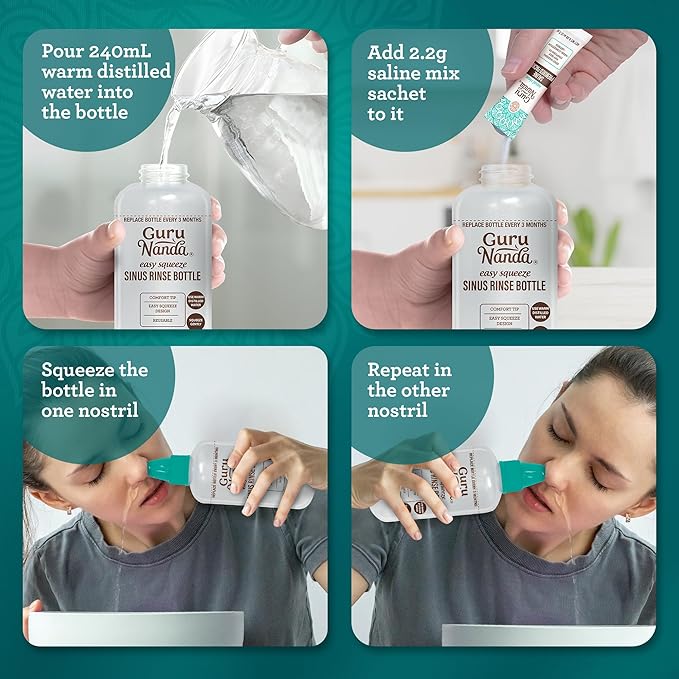 GuruNanda Sinus Rinse Bottle & Saline Premixed Packets 120ct - All Natural Sinus Rinse Packets to Help with Allergies & Congestion Relief, 0.08oz Each