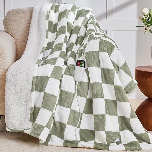 Sage Green Heated Blanket Electric Twin Size, 62X84 Heating Blanket with 10 Heat Levels & 8 Hours Auto Off, Checkered Plaid Soft Fleece Sherpa Blankets Warmer Gifts for Couch Grandma Women Adults, ETL