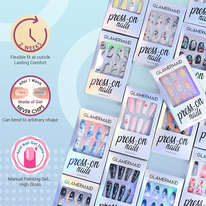 GLAMERMAID Ombre Press on Nails Medium Square, Fall Peacock Blue Marble Jelly Soft Gel Nails Square Fake Nail, Glossy Stick Glue 0n Nail Kit for Women, Reusable Stick on Acrylic Fake Nail Manicure Set