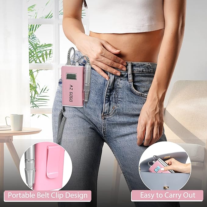 Professional Nail Drill Machine, AZ GOGO 30000RPM Rechargeable Portable Nail Drills for Acrylic Gel Nails - Cordless Electric Nail Drill with LCD Display (Pink)