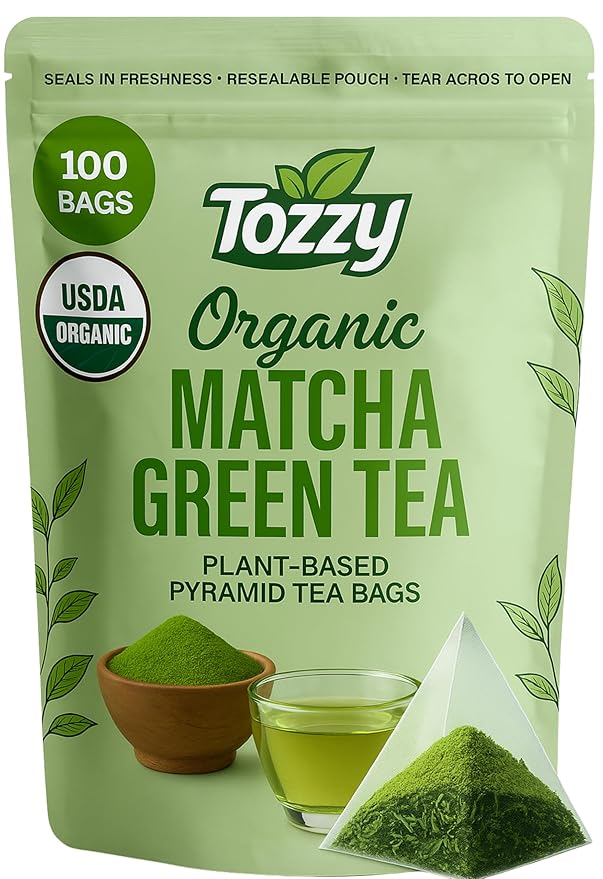 Tozzy Organic Matcha Green Tea – 100 Count, Plant-Based Pyramid Tea Bags | Ceremonial Matcha + Whole Leaf Sencha
