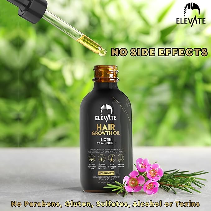 Elevate Hair Regrowth Treatment 5% Minoxidil Solution - Biotin Serum Hair Growth Oil for Men & Women - Thicker Fuller Stronger Hair - Stops Hair Loss & Thinning - Natural Hair Thickening Treatment 1oz