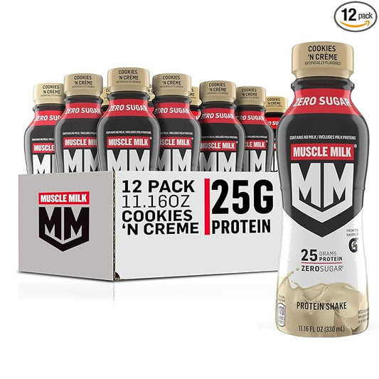 Muscle Milk Genuine Protein Shake, Cookies and Creme, 11.16 Fl Oz Bottle, 12 Pack, 25g Protein, Zero Sugar, Calcium, Vitamins A, C & D, 4g Fiber, Energizing Snack, Workout Recovery, Packaging May Vary