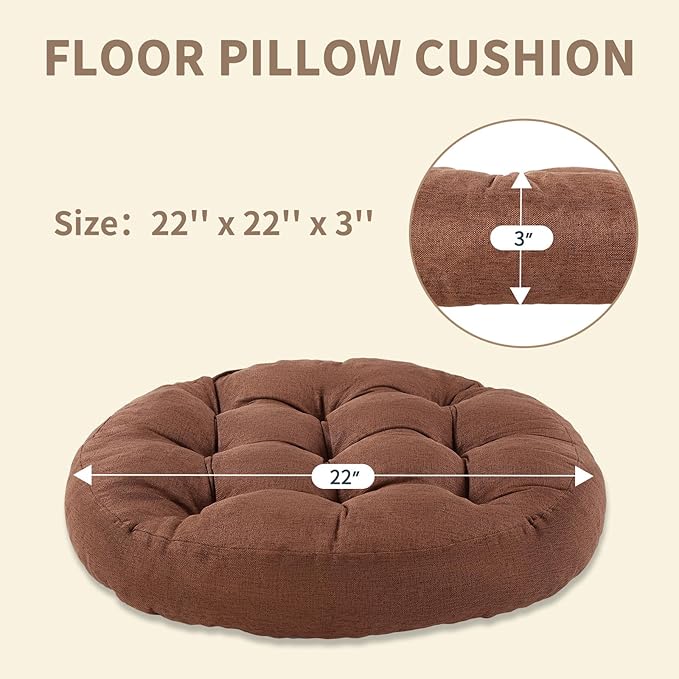 Meditation Floor Pillow, Round Floor Cushions for Adults, Button Tufted Seat Cushions for Yoga Tatami Living Room, Brown, 22 x 22 x 4 in