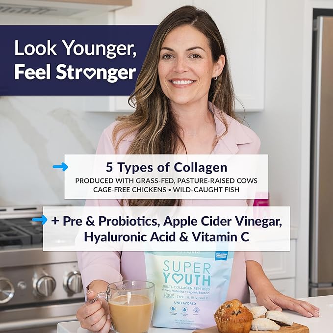 SkinnyFit - Super Youth Collagen for Women - Multi Collagen Peptides Powder - Probiotics, Fiber, Hyaluronic Acid - Non GMO, Gluten Free, Sugar Free - Beauty & Self Care - Unflavored (28 Servings)
