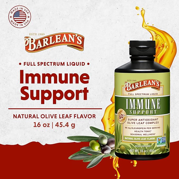 Barlean's Olive Leaf Complex Liquid Immune Support Supplement with 95mg Oleuropein Antioxidants for Seasonal Wellness, Heart Health, & Immune System Booster, 16 Ounce
