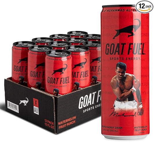 G.O.A.T. Fuel Energy Drink, Co-Founded by Jerry Rice, Natural Caffeine, Electrolytes, BCAAs, Cordyceps & Antioxidants, Light Carbonation Pre Workout, 12 Pack, 12 FL Oz, Watermelon Fruit Punch