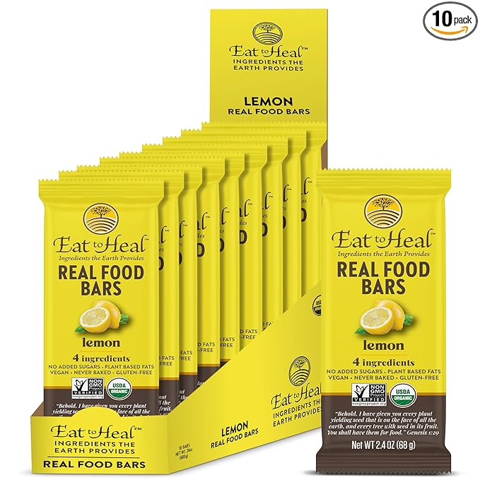 EatToHeal Lemon Real Food Bar - Organic Vegan Healthy Gluten Free Protein Bars - Low Sugar Meal Replacement Bar, Non GMO, Never Baked, Plant Based - Crafted to Enjoy, Not Sit on Shelves