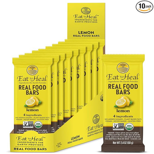 EatToHeal Lemon Real Food Bar - Organic Vegan Healthy Gluten Free Protein Bars - Low Sugar Meal Replacement Bar, Non GMO, Never Baked, Plant Based - Crafted to Enjoy, Not Sit on Shelves