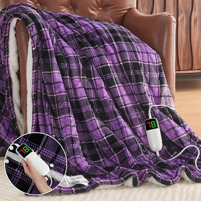 Heated Blanket Electric Throw, 50X60, Heating Throw with 10 Heating Levels & 8 Hours Auto Off, Purple Plaid Checkered Sherpa Blanket Warmer for Couch Bed Office, Gifts for Mom Women Grandma Home Decor