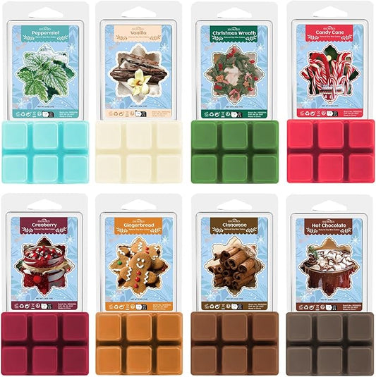 Winter Wax Melts Wax Cubes, SNOWSEN Strong Fragrance Soy Wax Cubes for Wax Warmer, Scented Wax Melts Gift Set, Gingerbread, Cranberry, Hot Chocolate, Christmas Wreath and More, Wax Melts Tarts -8 Pack
