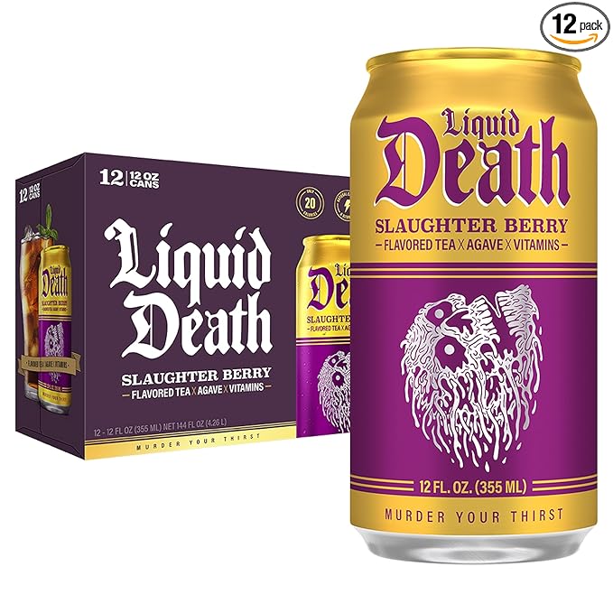 Liquid Death, Slaughter Berry Iced Tea, 12-Pack (12 oz Cans), Raspberry Flavored Black Tea, Low Calorie, No Artificial Sweeteners, B12 & B6 Vitamins