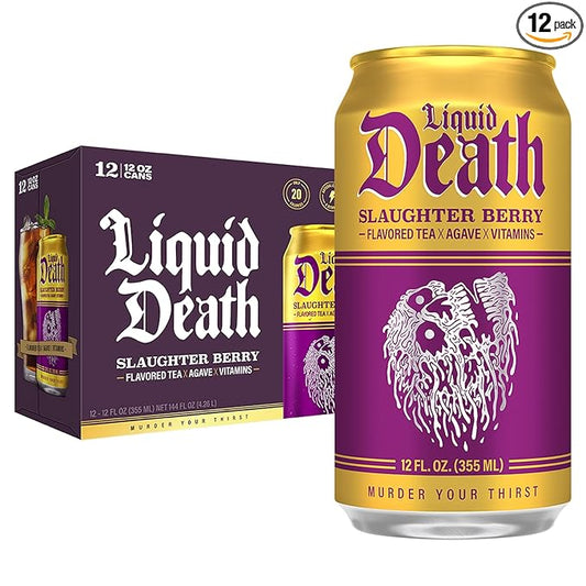 Liquid Death, Slaughter Berry Iced Tea, 12-Pack (12 oz Cans), Raspberry Flavored Black Tea, Low Calorie, No Artificial Sweeteners, B12 & B6 Vitamins