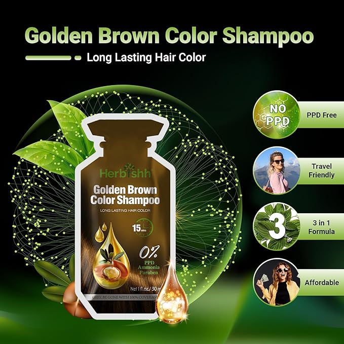 Herbishh Hair Color Shampoo, Ammonia Free Golden Brown, 10 Sachets with Argan Mask and Stain Remover, 3-in-1 Hair Dye for Gray Hair