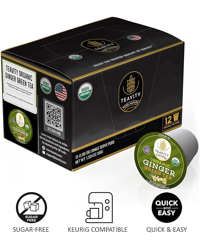 Green Tea & Ginger Tea Pods for Keurig - Caffeinated, Organic, Dye Free, Unsweetened, Herbal Blend for K Cup Machines - Hot or Iced (12 Tea Pods)
