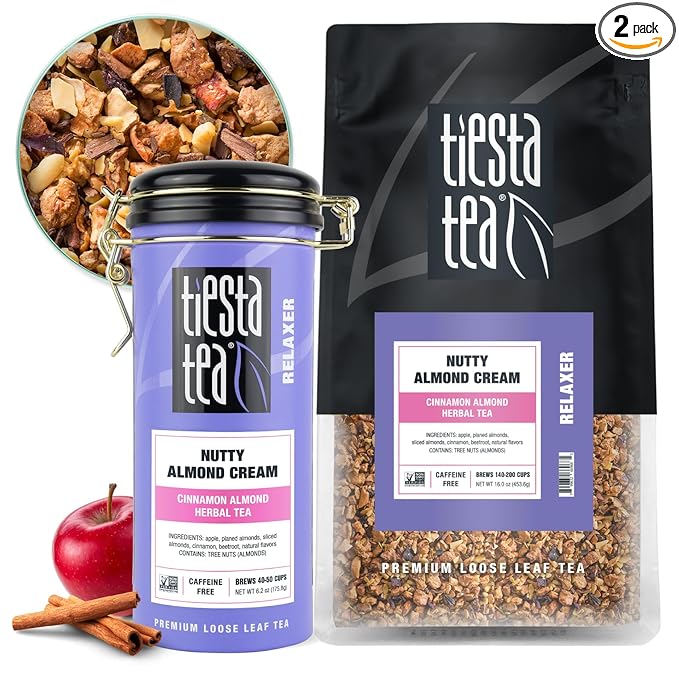 Tiesta Tea - Nutty Almond Cream, Premium Loose Leaf, Cinnamon Almond Herbal Tea Blend, Non-Caffeinated, Make Hot or Iced & Brews Up to 250 Cups, 16oz Bulk Pouch & 6.2oz Refillable Tin Combo