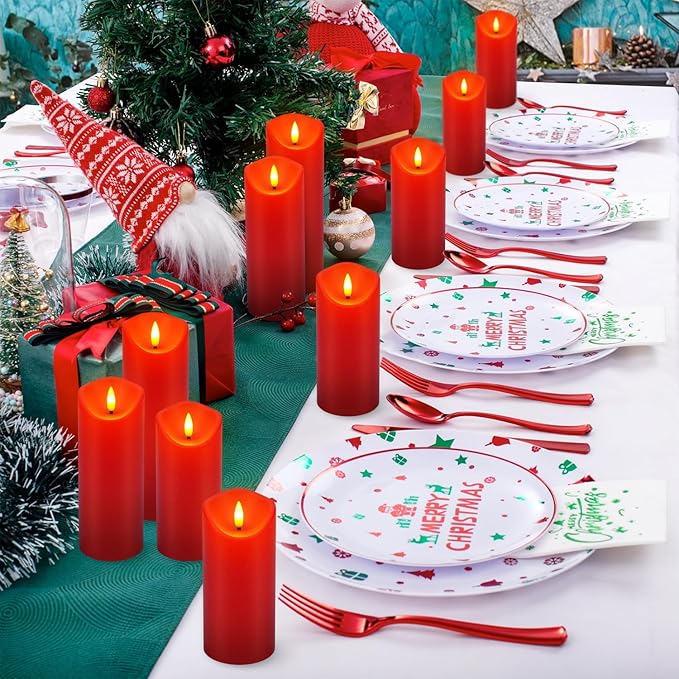 24 Pack Red LED Candles with Remote & Timer - Flameless Pillar Candles with 3D Flickering Flame, Battery Operated for Christmas Tree, Table Centerpieces, Party Decor